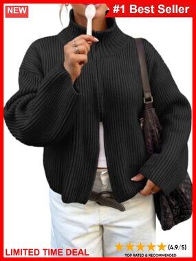 Womens Chunky Ribbed Knit Zip Up Mock Neck Cardigan Sweater Jacket